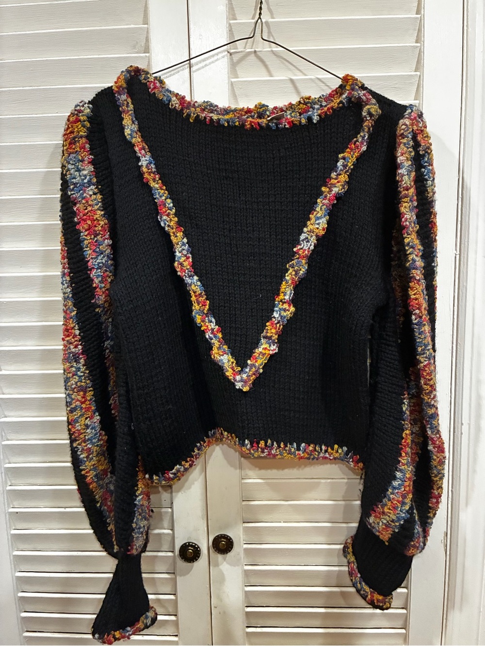 Black Women's Sweater with Multicolor Bouclé Trim